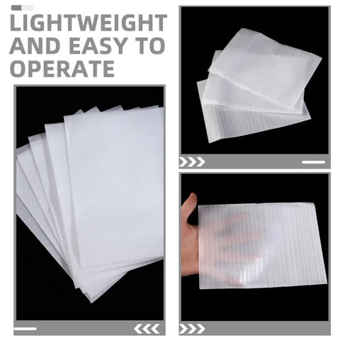 Foam Cushioning Pouches Pro Grade Pack Of 100 Full Coverage EPE Pearl Cotton Wrap, three views showing texture and size.