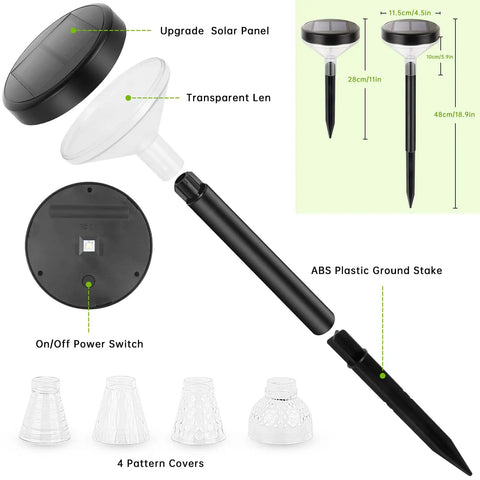 Lit Ultra Bright Solar Pathway Lights Eight Pack with Remote Color Changing and Warm White Modes components and dimensions.