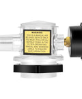 Manual air relief valve with pressure gauge; clear plastic body, yellow warning label, side threads, black cap