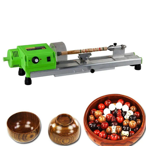 Mini Wood Lathe for Benchtop DIY Projects, Micro Woodturning Lathe with Grinding, Two Bowls and Beads Displayed