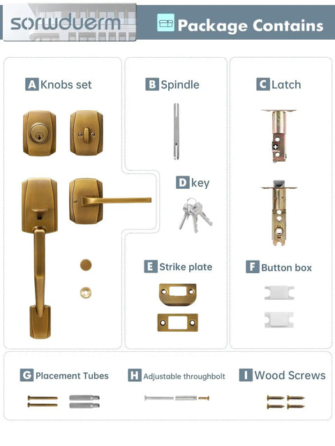 Antique Brass Front Door Handleset With Reversible Lever And Deadbolt Entry Door Hardware With Lock And Key Adjustable Latch