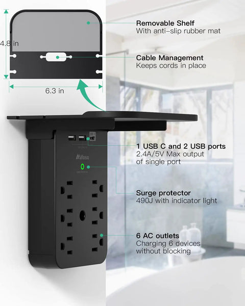 Surge Protector Wall Outlet Extender With Six AC Outlets USB C Port And Two USB A Ports Space Saving Wall Plug Expander With Removable Shelf