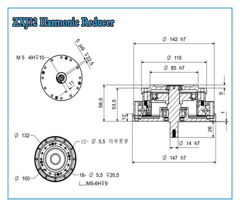 ZXJ32 Harmonic Reducer technical drawing showing dimensions and design for High Precision Harmonic Drive Gearbox Featuring Near Zero Backlash For Rock Solid Cnc Machines And Heavy Duty Robots Boasting A Smooth 120 To 1 Ratio Plus Reinforced Input Shaft Design.