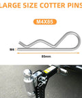 Heavy Duty Hitch Pins R Clips and Spring Retaining Wire Hair Pins for Trailers Tractors Mowers Carts and Trucks 3.5mm Wire Diameter 90mm Length Pack of 10 4.8 Carbon Steel with Galvanized Finish, showing large size cotter pins with M4x85 label and hitch setup.