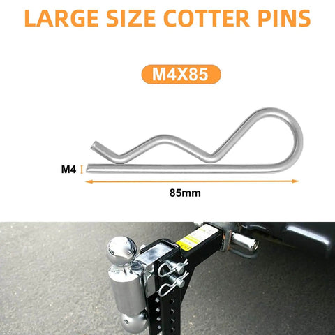 Heavy Duty Hitch Pins R Clips and Spring Retaining Wire Hair Pins for Trailers Tractors Mowers Carts and Trucks 3.5mm Wire Diameter 90mm Length Pack of 10 4.8 Carbon Steel with Galvanized Finish, showing large size cotter pins with M4x85 label and hitch setup.