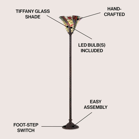 71-Inch Bronze Tiffany-Style Torchiere Floor Lamp With Dope Handcrafted Stained Glass Shade Featuring Floral Motif Classic Art Nouveau Iron Standing Lamp LED Bulb Included showcasing labeled features.