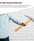 Person holding foam pickaxe from two piece foam pickaxe and shovel props for mine cosplay party decor lightweight plastic and sponge stage props dope photo op props safe realistic look for fun themed events.