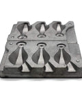 Three Cavities Bank Sinker Molds With 4.5 To 6 Ounce Weights No Handle DIY Pro Grade Bank Sinkers At Home For Serious Anglers Save Money And Craft Custom Tackle shown from top view
