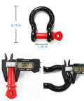 Close-up of 2 Pack 0.75 Inch D Ring Shackles Beefy Heavy Duty Forged Steel Screw Pin Shackles WLL 4.75T with caliper measurements.