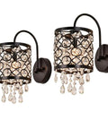 Set of 2 crystal wall sconces with lattice drum shade, black metal finish, crystal accents.