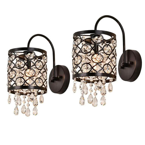 Set of 2 crystal wall sconces with lattice drum shade, black metal finish, crystal accents.