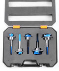 Badass Hex Shank Forstner Drill Bit Set With Carbide Tips And Adjustable Depth Ring in storage case, featuring five precision bits.