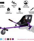 Purple hoverboard seat attachment with handles and straps, fits 6.5 to 10 inch self-balancing scooters, go kart conversion kit.
