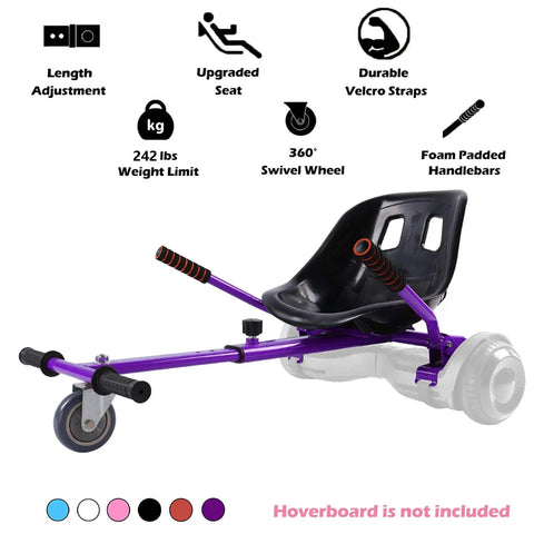 Purple hoverboard seat attachment with handles and straps, fits 6.5 to 10 inch self-balancing scooters, go kart conversion kit.