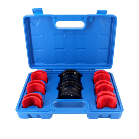 Universal Motorcycle Fork Seal Driver Tool Kit, 14-Piece All-In-One Set with 6 Pairs Adapters in blue carrying case open view