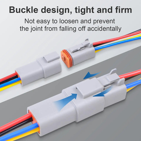 2 Pack 12 Pin Waterproof DT Connector Set with snap-on design showcasing male and female wires, ideal for sealed auto electrical connections
