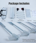 Contents of Waterproof Sun Shield Tarp For Camping And Outdoor Events With UPF 50 Plus Sun Protection including tarp, ropes, stakes.