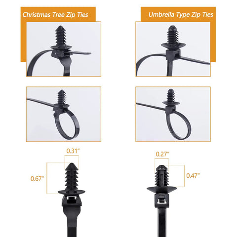 Universal Nylon Cable Tie Buckle Clips Kit 160 Pcs Self Locking Zip Ties With Push Pin Anchors close-up of zip ties types