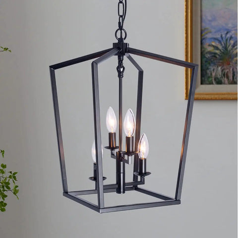 Industrial Black Pendant Light 4 Light Chandelier With Classic Metal Cage, perfect for farmhouse entryway.