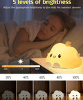 LED Cloud Night Light With 16 Color Options Silicone Cloud Lamp on bedside table, dimmable brightness levels shown below.