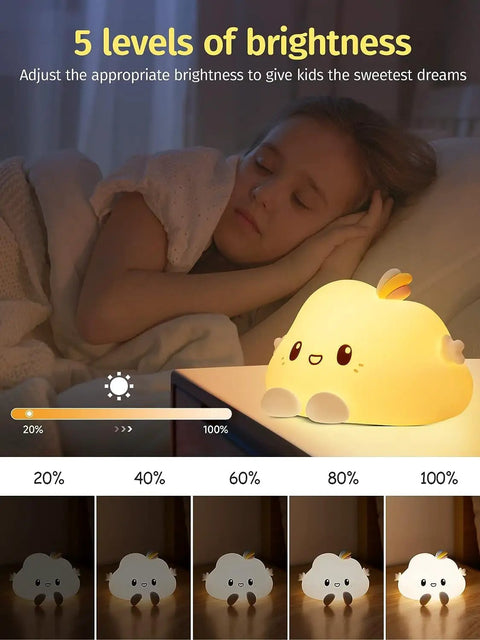 LED Cloud Night Light With 16 Color Options Silicone Cloud Lamp on bedside table, dimmable brightness levels shown below.