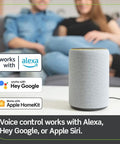 Smart speaker on table showcasing voice control compatibility with Alexa, Hey Google, and Apple HomeKit for Decora Smart Dimmer Plug 2nd Gen Wi Fi No Hub Works With Matter Voice Control Alexa Google Assistant Siri Wire Free Plug In Lamp Dimmer For Switched Outlet D23LP 2RW White.
