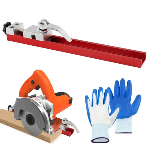 Professional Grade Circular Saw Guide Rail Adjustable Aluminum Fence Track Featuring Dual Lock Handles For Straight Shooting Cuts And Zero Slop For Reliable Carpentry Tasks with saw and gloves
