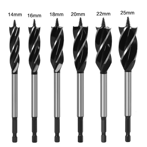 Heavy Duty Twist Drill Bit Set With Fast Cut Auger Bits For Precision Woodworking And Carpentry showing six different sizes from 14mm to 25mm.