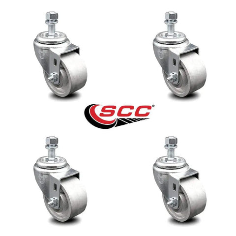 Heavy Duty Swivel Casters Featuring 3 Inch Semi Steel Silver Wheels Plus A 3/8 Threaded Stem No Sweat Setup Set Of Four For Rolling Carts Furniture Workshop Gear 300 Lbs Per Wheel.