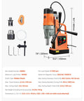 VEVOR magnetic drill press 1550W, 2 in boring capacity, orange/gray with chuck and accessories, front view