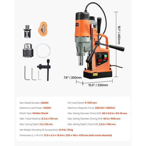 VEVOR magnetic drill press 1550W, 2 in boring capacity, orange/gray with chuck and accessories, front view