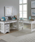 Built Different L Shaped Office Desk Set Crafted From Heavy Duty Wood, Classic Antique White And Rustic Weathered Brown Finish in a modern workspace.