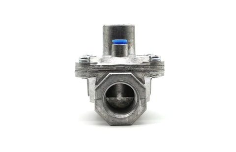Front view of universal propane pressure regulator, silver metal body with blue adjustment cap and 1/2 NPT inlet/outlet