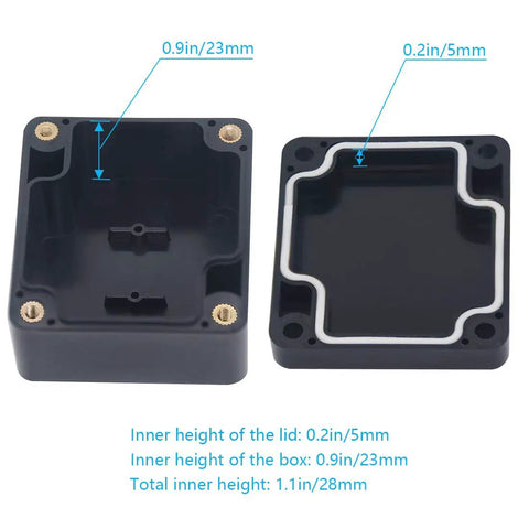 Solid Build Ip65 Waterproof Abs Plastic Electronic Project Box With Drain Plugs Outdoor Electrical Enclosure Battery Housing Component Cabinet Tight Snap Top Black 2.48 X 2.28 X 1.38 Inches inner dimensions showing lid height and box height.