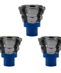 Three Pack One Half Inch Thread Three Way Manifold Block Splitter Quick Connect Air Hose Splitter Coupler in silver and blue