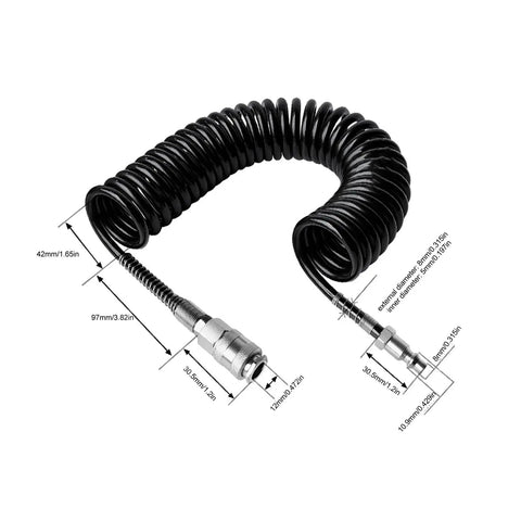 Heavy Gauge Three Meter Air Hose Built Like A Badass With Kink Resistant Flex Oil Resistant Rubber And Steel Made To Handle Air Compressor Jobs Without Breaking A Sweat, coiled design with connectors.