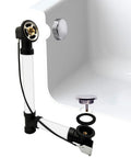Slick Chrome Finish 27 Inch Cable Driven Bathtub Drain Trim Kit With Smooth Pop Up Stopper And Rotating Overflow Cover Brass Knob installed.