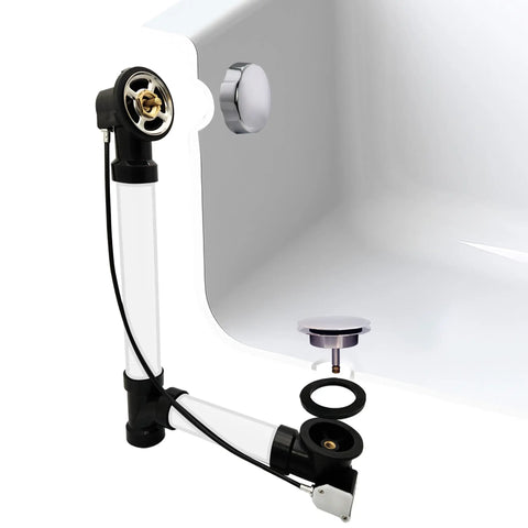 Slick Chrome Finish 27 Inch Cable Driven Bathtub Drain Trim Kit With Smooth Pop Up Stopper And Rotating Overflow Cover Brass Knob installed.