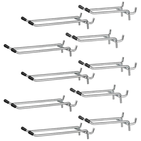 Front view of 10 Pack Pegboard Hooks Set, Heavy Duty Metal Hooks For Pegboard, 4 Inch And 6 Inch Lengths, 1/4 Inch Fit, Pegboard Not Included.