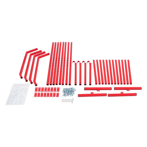 Red Industrial Heavy Duty Shelf Brackets Set Of 4, 52 Inch By 19 Inch Steel, components and screws laid out for assembly