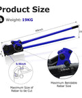 Heavy Duty Manual Rebar Cutter And Bender Tool With Removable Shears Lever Action Workhorse, dimensions showing cutting and bending size.