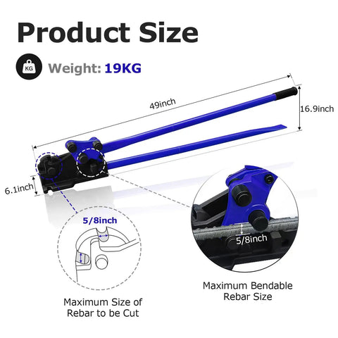 Heavy Duty Manual Rebar Cutter And Bender Tool With Removable Shears Lever Action Workhorse, dimensions showing cutting and bending size.