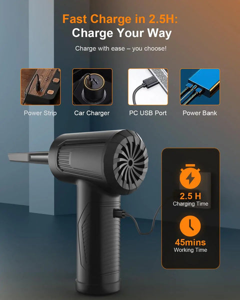 11 In 1 Compressed Air Duster With 120000 RPM Adjustable 3 Gear Settings And LED Light shown with charging options