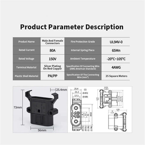 Heavy Duty DC Battery Connectors For Forklifts 150V 80A 160A 320A Power Plug And Wire Set Male And Female With 100cm Cables Easy Install Industrial Grade Charging And Power Distribution Kit specifications and dimensions