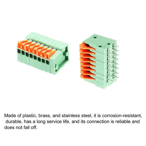 Two green and orange 8 Pin KF141V PCB Spring Terminal Block Connector 2.54mm Pitch, 150V 2A, for PCB boards and electronics.