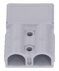 Heavy Duty Quick Connect Battery Power Plug Hella Tough 120 Amp 600 Volt Disconnector With Flame Retardant Housing For Trucks Winches And Electric Vehicles Comes In A Two Pack, gray plastic connector with two holes.