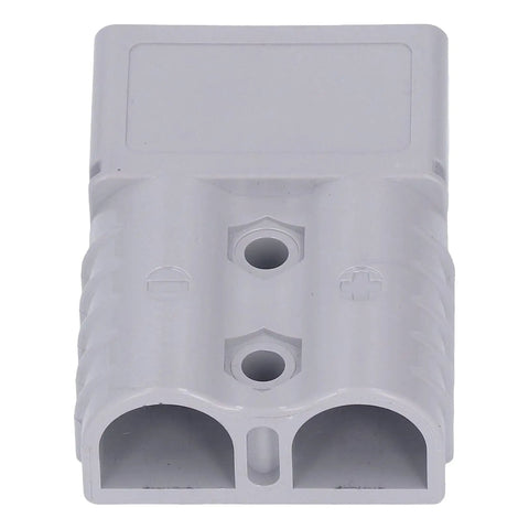 Heavy Duty Quick Connect Battery Power Plug Hella Tough 120 Amp 600 Volt Disconnector With Flame Retardant Housing For Trucks Winches And Electric Vehicles Comes In A Two Pack, gray plastic connector with two holes.