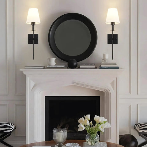Bold Black Wall Sconces Set Of 2 Dope Hardwired Dimmable Indoor Metal Sconces With Fabric Shades above fireplace