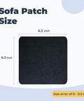 10 Pack Couch Patch Repair Kit With Self Adhesive Microfiber Patches For Quick Fix On Sofa Chair Car Seat And Furniture Upholstery Includes 6.3 By 6.3 Inch Patches Easy DIY Repair shown with dimensions.