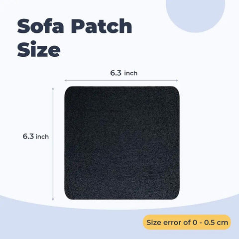 10 Pack Couch Patch Repair Kit With Self Adhesive Microfiber Patches For Quick Fix On Sofa Chair Car Seat And Furniture Upholstery Includes 6.3 By 6.3 Inch Patches Easy DIY Repair shown with dimensions.